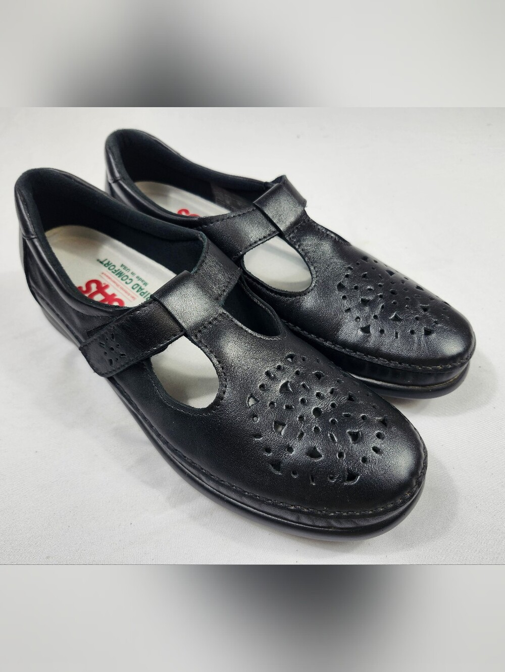 SAS Womens 9.5 S Black Perforated Leather Mary Jane Flats Strap Up Narrow Shoes